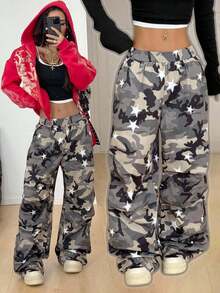 Coolane Pantalones anchos con gráficos de camuflaje para mujer, ideales para conciertos, festivales, salidas, fiestas, regreso a la escuela y talla grande - Verde militar - Ver 6