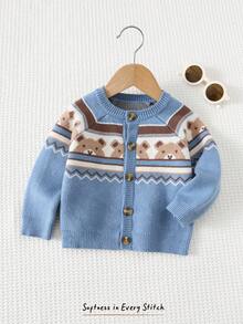 Cozy Pixies Suéter de cárdigan de manga larga con cuello redondo con estampado de oso de dibujos animados y geométrico para bebé niño en otoño/invierno - Azul - Ver 6