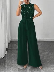 Elenzga Plus Size Elegant Beaded Sleeveless Round Neck Top And Straight Leg Jumpsuit - Dark Green - View 4