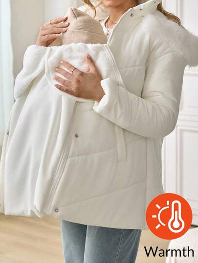 SHEIN 孕妇纯色长袖拉链前片拼接仿皮草连帽三合一夹克，秋冬