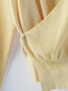 Modelyn Women's Casual Solid Color V-Neck Long-Sleeved Butter Yellow Cardigan In Fall/Winter - Yellow - View 4