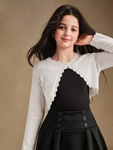 SHEIN Chaqueta de punto de unicolor minimalista y versátil para niña preadolescente - Blanco - Ver 3