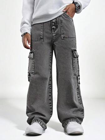 SHEIN Older Boys Elastic Waist Vintage Street Fashion Multi-Pocket Side D-Ring Decoration Black Denim Cargo Pants, School, Campus, College Summer Holiday
