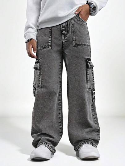 SHEIN Äldre pojkar Elastisk midja Vintage Street Fashion Multi-Pocket Side D-Ring Dekoration Svart Denim Cargo Byxor