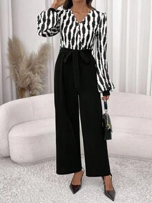 SHEIN Clasi 女式V领条纹长袖阔腿优雅连体裤 - 黑色 - 查看 5