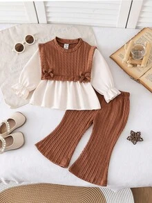 SHEIN Playful Pals 2件套春秋新款韩版时尚宝宝/女童针织提花拼布衬衫上衣+修身喇叭裤套装 - 咖啡棕 - 查看 3