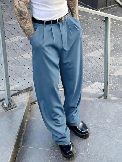 Manfinity Homme Pantalones de traje para hombre, nuevo diseño de alta gama, pantalones de traje con caída, pantalones de negocios minimalistas de moda casual negros, pantalones azul claro con pinzas para hombre