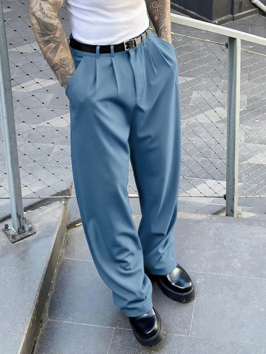 Manfinity Homme 男士西装裤，高端新款设计，垂褶西装裤，设计师时尚休闲黑色简约商务裤，浅蓝色男士褶裥西装裤 - 藍色 - 查看 1