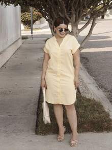 Lupita Cardoza 女士度假休闲纯色前扣连衣裙 - 黃色 - 查看 5