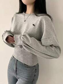 INAWLY Women's Casual Crew Neck Drop Shoulder Long Sleeve Cinched Waist Sweatshirt With Knight Print, Autumn - Grey - View 1