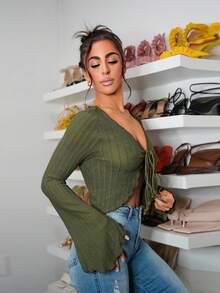 SAYEHFBABY Atasan Wanita Lettuce Trim Rib-Knit Dasi Depan Plain Casual - Hijau Tentara - View 5