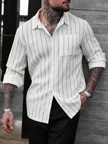Manfinity CasualCool Men's Striped Print Patch Pocket Front Button Casual Long Sleeve Shirt, Fall - Apricot - View 3