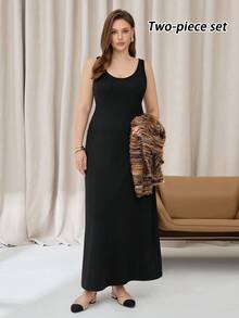 Auralis 大码女装秋冬两件套、连衣裙套装、休闲女装、毛衣长裙套装、休闲女装 - 黑與白 - 查看 6