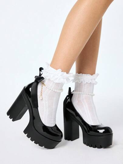 Goth Women's Thick Sole Chunky Heel Pumps, Fashion Solid Color Pearl Buckle Lace Bow Decor High Heel Mary Jane Shoes, Suitable For Party, Outing, Date