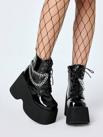 Goth Stivali corti da donna con platform chunky in stile punk Y2K, con catena metallica, allacciatura laterale con chiusura lampo, tacco spesso, adatti per performance sul palco