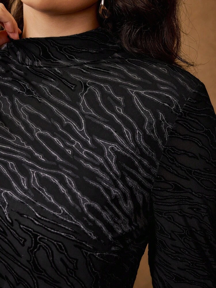 CHRISTMAS PLUS SIZE TURTLENECK ZEBRA STRIPE JACQUARD KNIT LONG SLEEVE T-SHIRT