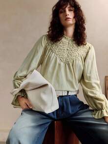 EMERY ROSE Women's Linen Fabric, Loose Fit, Heavy-Duty Aircraft Pleated Patchwork Design, Daily Commuting Top Fall Clothes For Women Saudi National Day Going Out Tops For Women Going Out Tops Autumn Women - Green - View 7