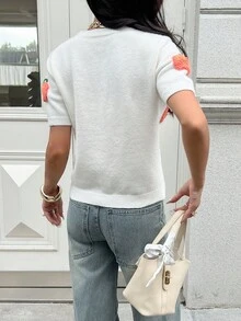 Chiquease 万圣节南瓜图案圆领短袖女式针织上衣 - 白色 - 查看 2