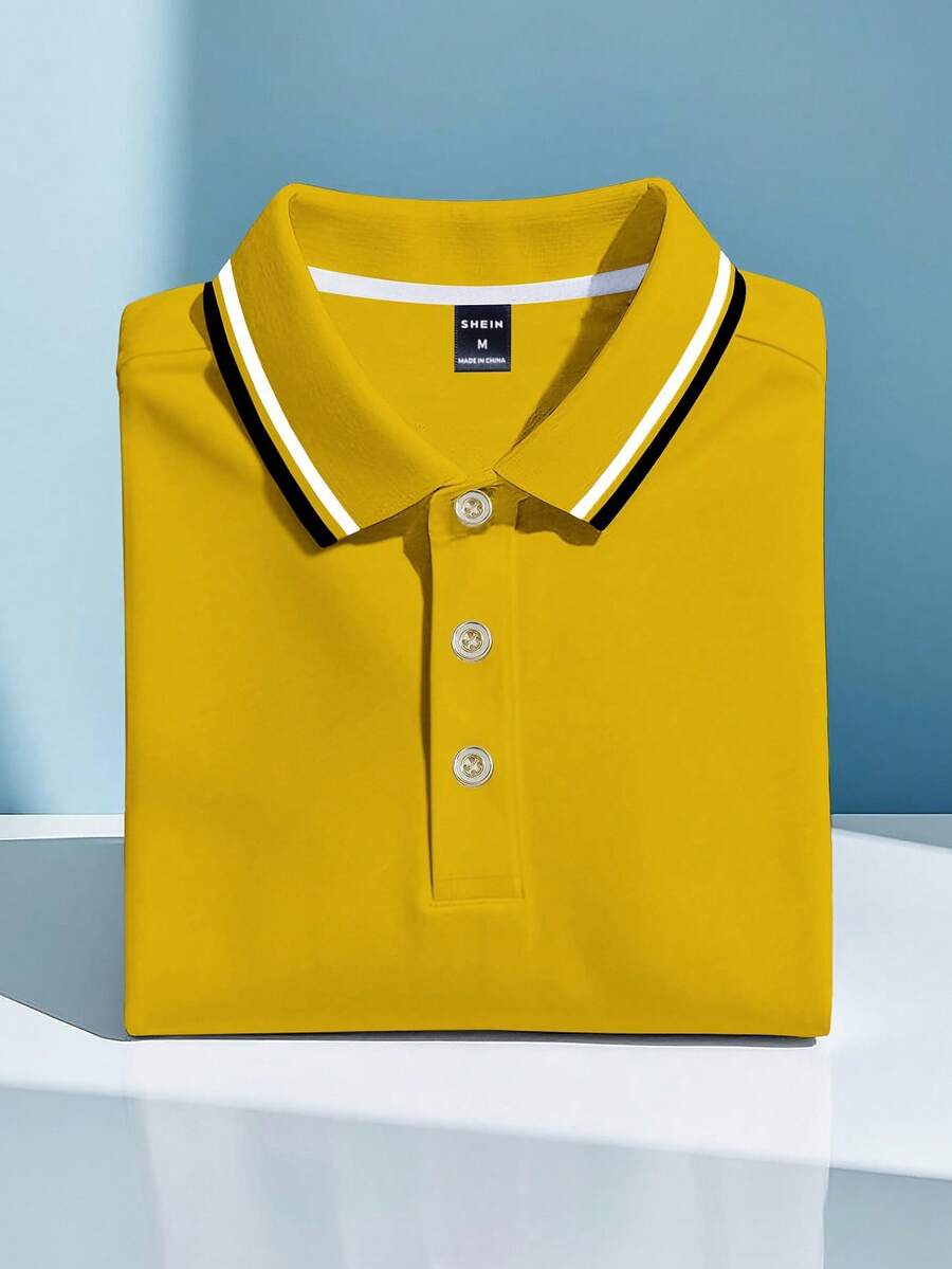Calvornis Stylish Men's Yellow Short Sleeve Polo With Contrast Stripe Detail On Collar Casual Fabric Top Golf Shirt For Men Men Clothes Yellow