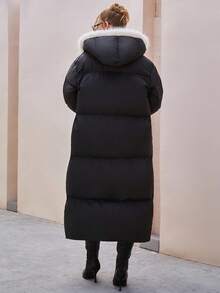 CLARA VERO Women Contrast Hooded Pocket Zipper Detailed Long Padded Winter Coat - Black - View 2