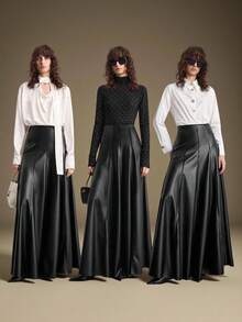 Ontre 2025 优雅皮革材质收腰高腰喇叭裙，适合女士商务休闲、通勤、日常穿着、秋季/新年 - 黑色 - 查看 7