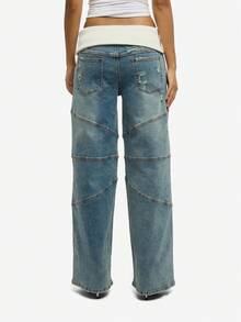 SUMWON WOMEN 棉质高腰宽松阔腿牛仔裤，撞色针织腰带，做旧细节 - 藍色 - 查看 2