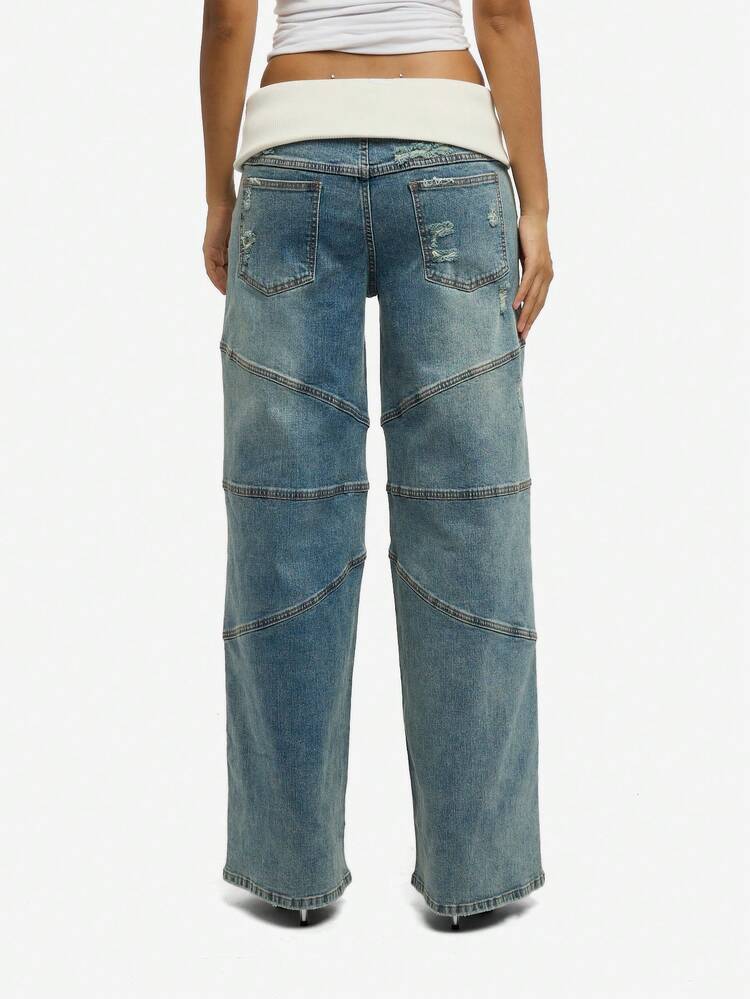 SUMWON WOMEN Baggy Wide Leg Jeans With Knit Waistband