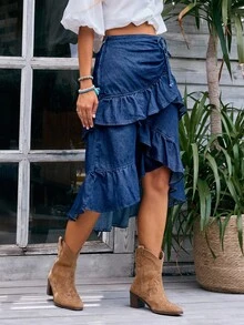 EMERY ROSE Chân váy denim thường ngày xếp nếp chắp vá nhiều lớp có dây rút cho nữ - Rửa tối - Xem 5