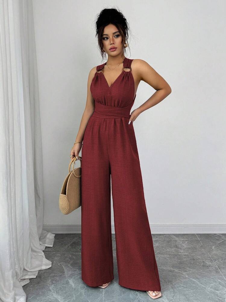 Selianne Women's V-Neck Tie-Waist Wide Leg Jumpsuit, Blue, Casual Summer Vacation Outfit - Burgundy - View 5