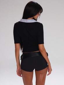 MUSERA 条纹翻领针织修身七分袖上衣，可爱秋季教师休闲工作街头风运动工作服商务休闲春夏 - 彩色 - 查看 4