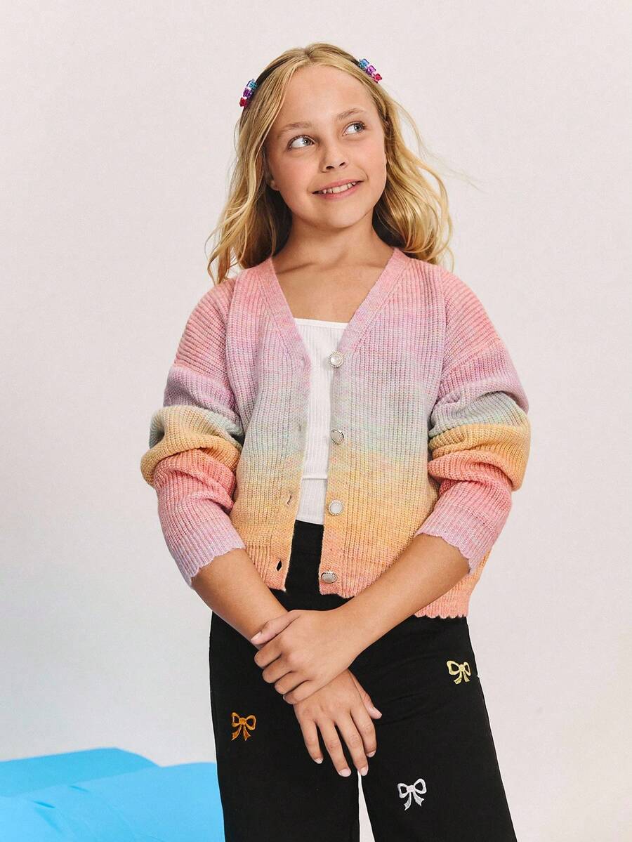SHEIN Tween Girl Casual Tie Dye Tie-Dye Knit Cardigan Rainbow Cardigan Kids Sweaters For Girls Cardigans,In Fall/Winter - Multicolor - View 1