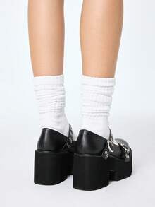 ROMWE Grunge Punk 女士新款坡跟圆头一脚蹬时尚鞋 - 黑色 - 查看 5