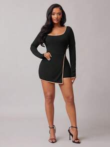 Radiana 女士性感休闲黑色方领长袖撞色边连体衣，弹力修身连体裤，适合日常、办公室、通勤、秋冬的休闲商务装 - 黑色 - 查看 6