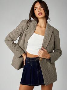 MISSGUIDED Áo khoác blazer họa tiết Houndstooth chuyên nghiệp cỡ lớn cho nữ, trang phục công sở, cài một nút, ve khía, tay dài, kiểu dáng cổ điển, lịch sự, phù hợp với công việc, thời trang thu đông - Nhiều màu - Xem 1