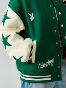 Missguided x Playboy Oversized Vintage Style Varsity Bomber Jacket Letterman Baseball College Retro Fashion Varsity Athletic Bomber Classic Preppy Winter Fall Jacket With Striped Ribbing