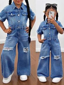 SHEIN 年轻女孩蓝色牛仔破洞衬衫式连体裤，酷炫街头造型 - 中等水洗藍 - 查看 2