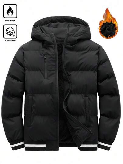 Manfinity Homme Men's Long Sleeve Autumn/Winter Hooded Fleece Padded Coat, Black, Multi-Pocket Casual Thick Winter Outerwear Thermal Lined Puffer Coat