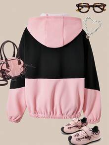 SHEIN 1 pezzo Felpa con cappuccio per ragazze adolescenti, maniche lunghe, fodera termica color corallo, tasche laterali, design a blocchi di colore, casual sportivo, vestibilità morbida, versatile, adatto per Natale, Ognissanti, autunno/inverno - Multicolore - Visualizzare 2