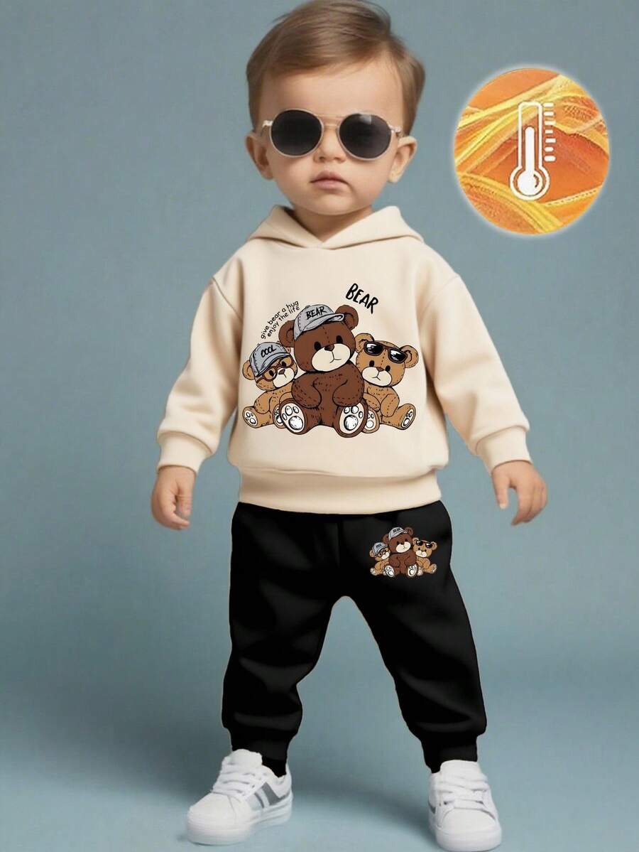 2pcs Baby Boy Outfit, Bear & Letter Print Hooded Fleece Sweatshirt And Fleece Sweatpants Set, Suitable For Outings In Autumn/Winter