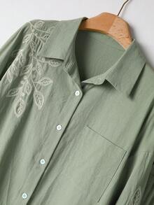 Rusticease 植物刺绣休闲衬衫和裤子套装 衬衫和裤子套装 衬衫和裤子套装两件套亚麻套装女式亚麻衬衫和裤子套装女式女式亚麻两件套 - 綠色 - 查看 4