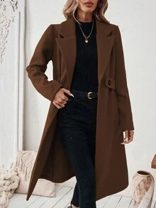 SHEIN Tall 女士基本款通勤和商务大衣，翻领，纽扣腰带，秋冬 - 咖啡棕 - 查看 3