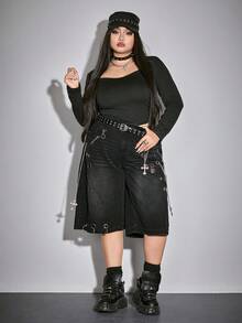 ROMWE Grunge Punk Quần jean lửng rách rưới kiểu vintage với dây xích kim loại cỡ lớn - màu đen - Xem 2