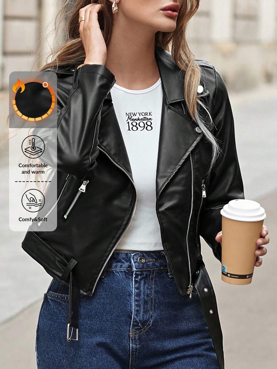 EURMUSE Zip Up Belted PU Leather Moto Jacket - Black - View 1