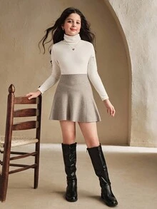 SHEIN Camiseta casual de gola alta manga longa para meninas pré-adolescentes, forro térmico quente, estilo versátil, adequada para outono e inverno, escola, viagens e uso casual - Branco - Ver 3