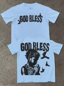 Manfinity EMRG 男士休闲图案字母印花短袖 T 恤，夏季 - 淺藍色 - 查看 5