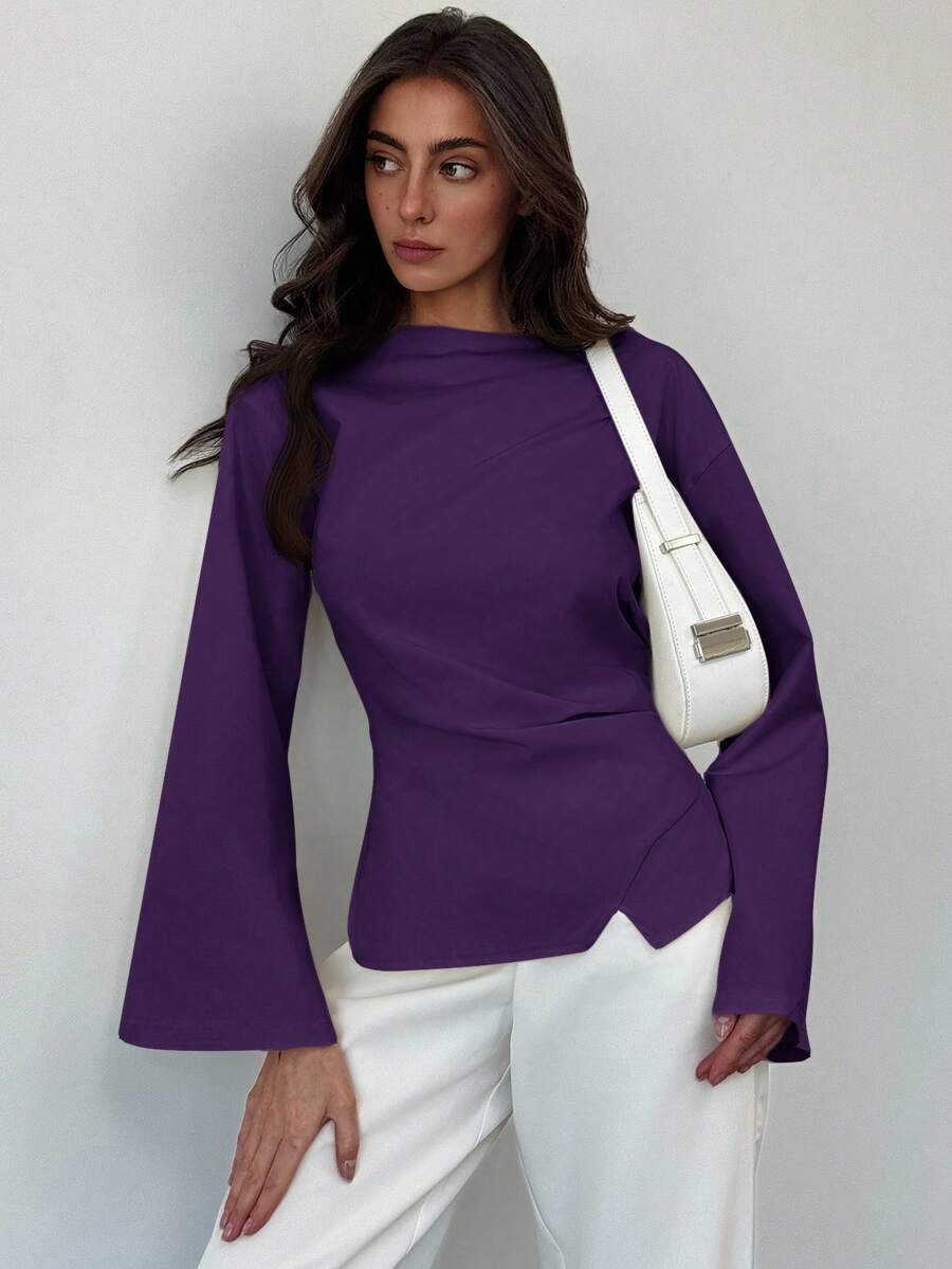 Aloruh Boat Neck Flared Sleeve Cropped Ruched Office Wear Women's Apricot Blouse - Purple - View 1