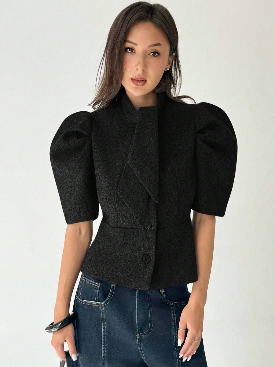 Aloruh Manteau en laine à manches courtes bouffantes et simple boutonnage, couleur unie, pour femmes, automne/hiver