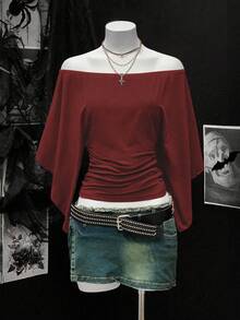 EgrlEra Women's Solid Color Ruched Off Shoulder Cinched Waist Retro Sexy T-Shirt - Burgundy - View 1