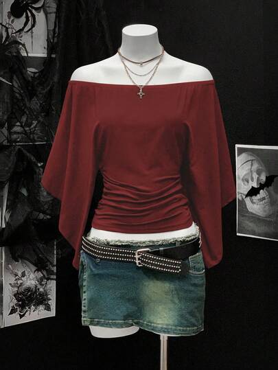 EgrlEra Maglietta retrò sexy da donna a spalle scoperte, vita stretta e arricciata, di colore unito