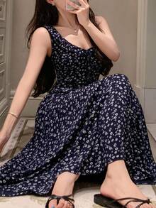 DAZY Ditsy Floral Ruffle Collar Waist Cinched Sleeveless Women Nightgown Pajama - Navy Blue - View 3